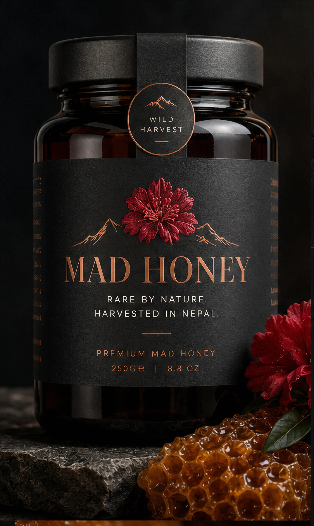 Mad Honey 250g jar — dark amber glass with black label and rhododendron emblem